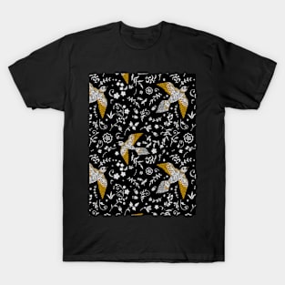 Birds And Leaf Pattern Abstract In Dark Background T-Shirt